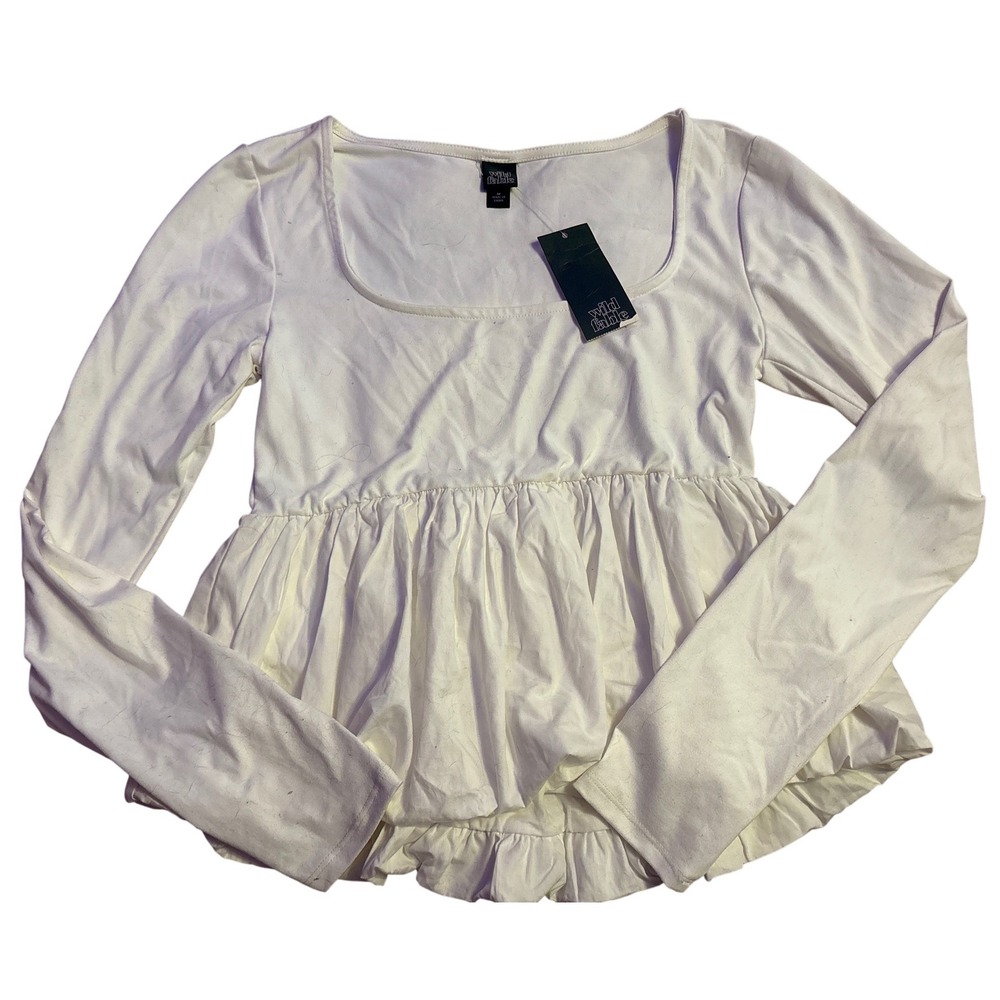 NEW Wild Fable Womens White Longsleeve Bubble Hem Babydoll Top, Size M